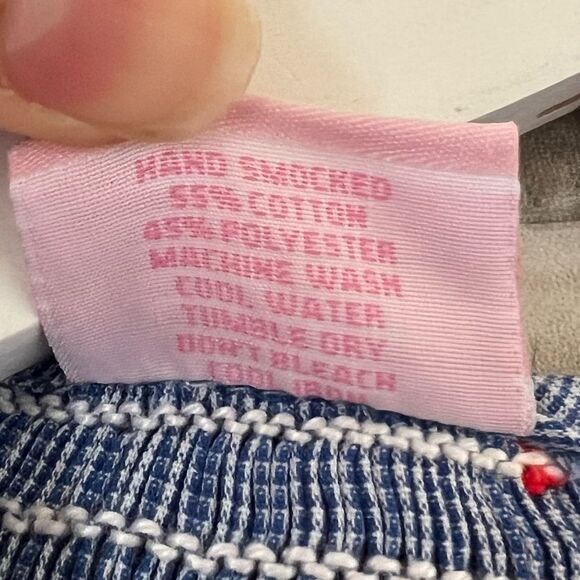 Petit Bébé || Girls Blue Checkered Embroidered Apple Hand Smoked 2T Dress - Picture 5 of 8